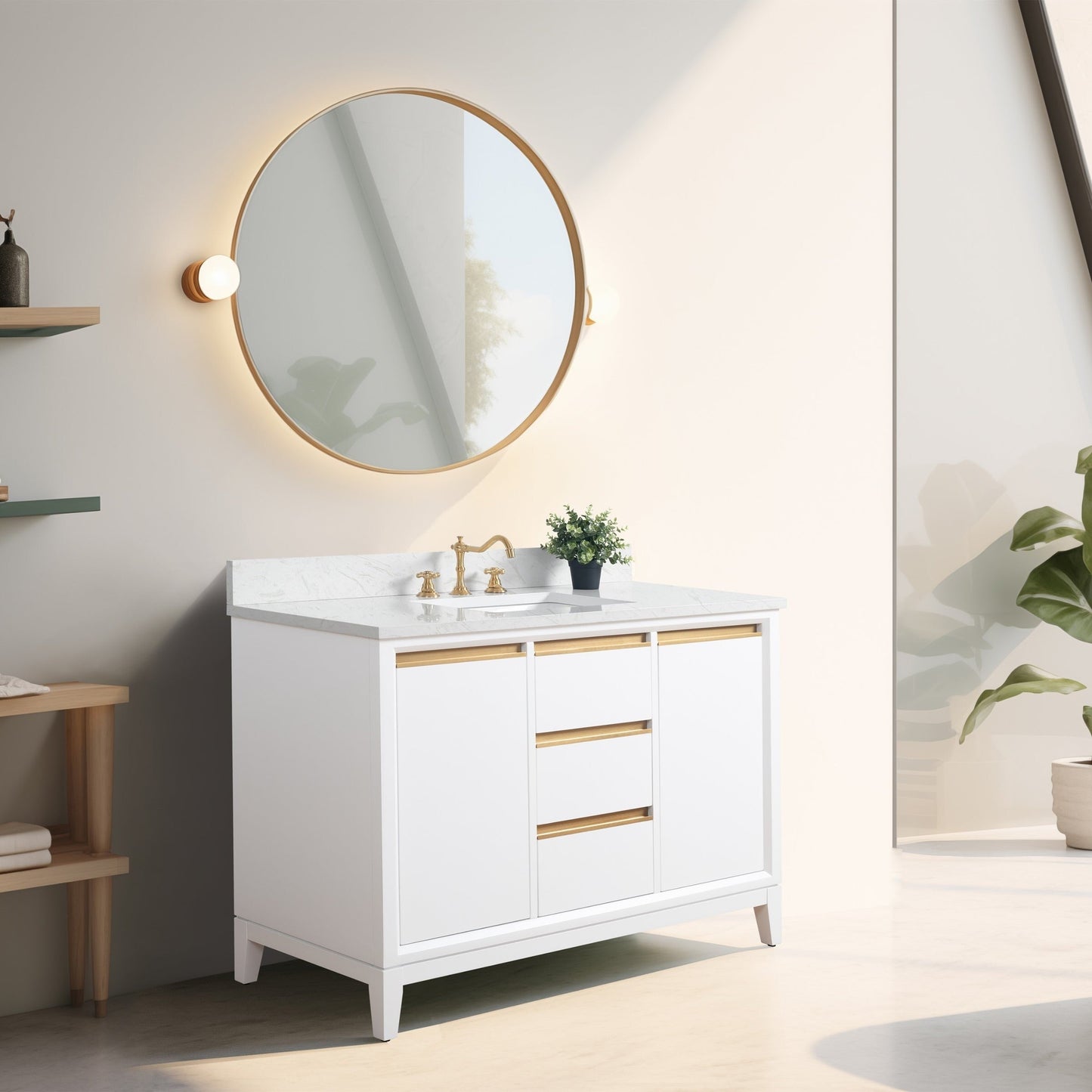 Meuble-lavabo Art pour salle de bain avec lavabo en céramique et plan de travail en marbre composite.