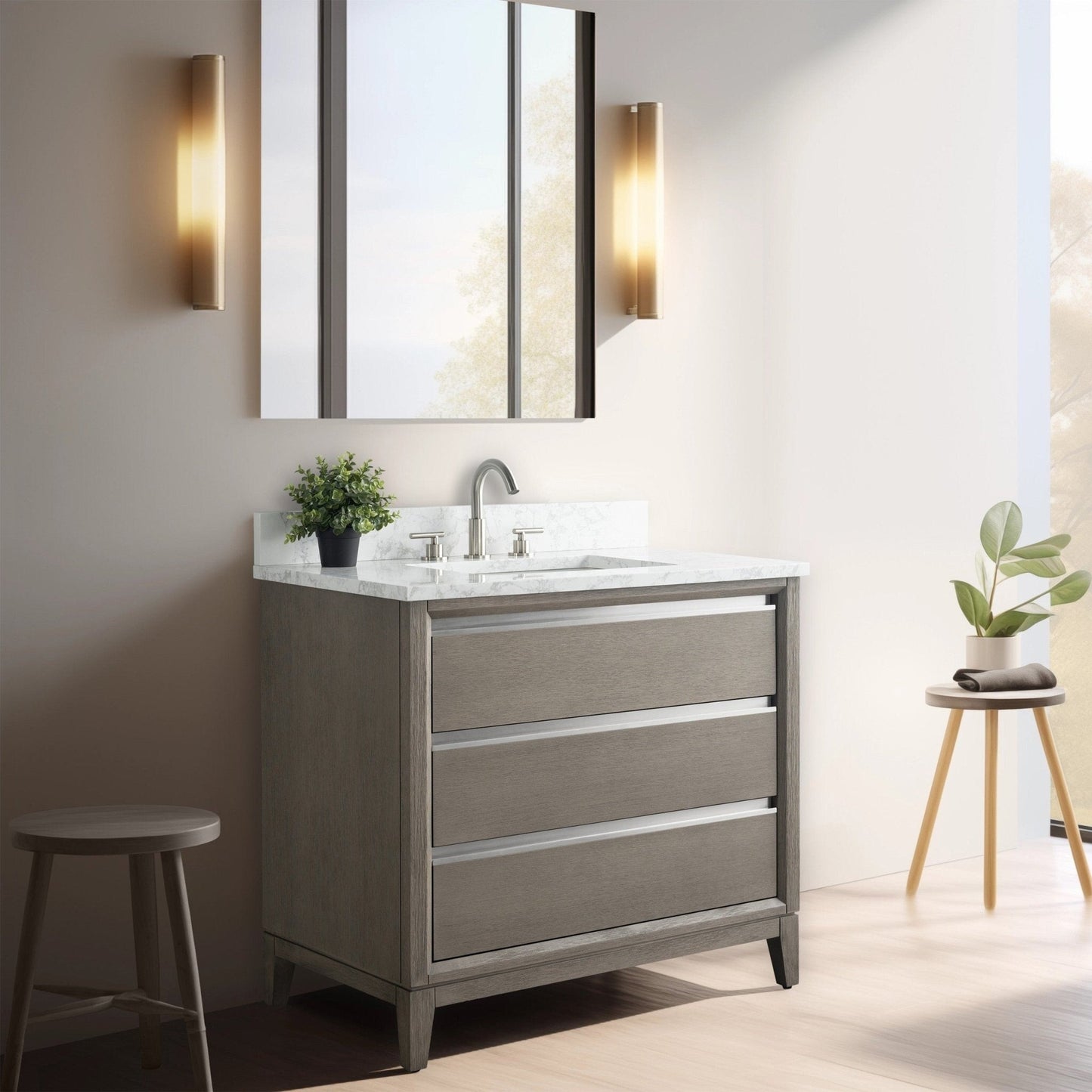 Meuble-lavabo Art pour salle de bain avec lavabo en céramique et plan de travail en marbre composite.