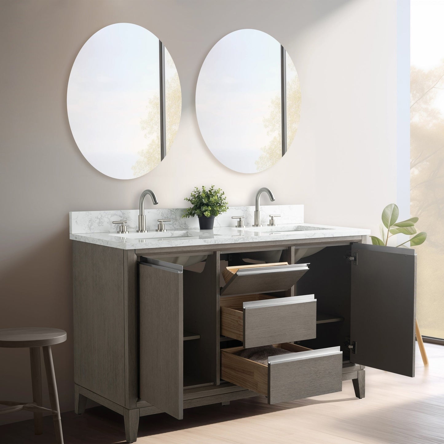 Meuble-lavabo Art pour salle de bain avec lavabo en céramique et plan de travail en marbre composite.