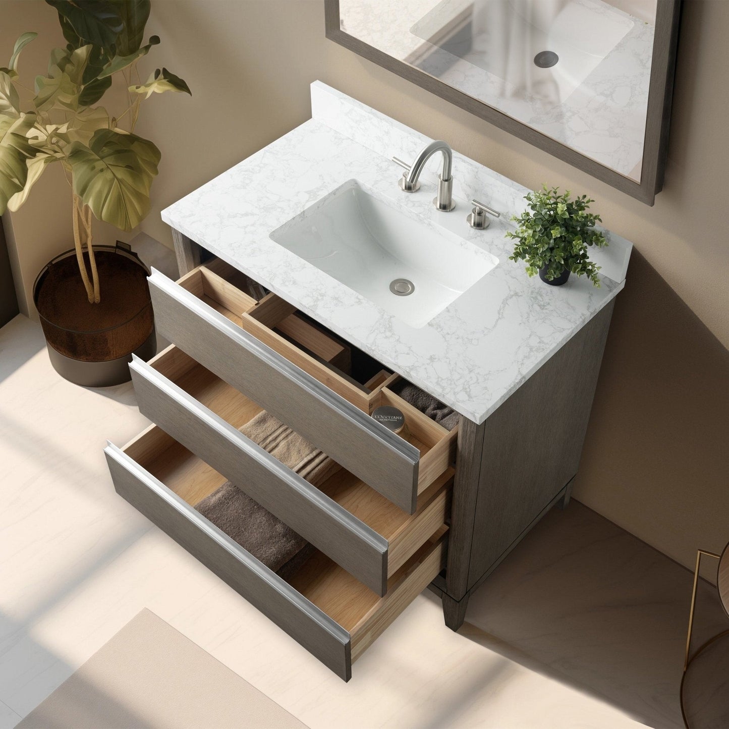 Meuble-lavabo Art pour salle de bain avec lavabo en céramique et plan de travail en marbre composite.