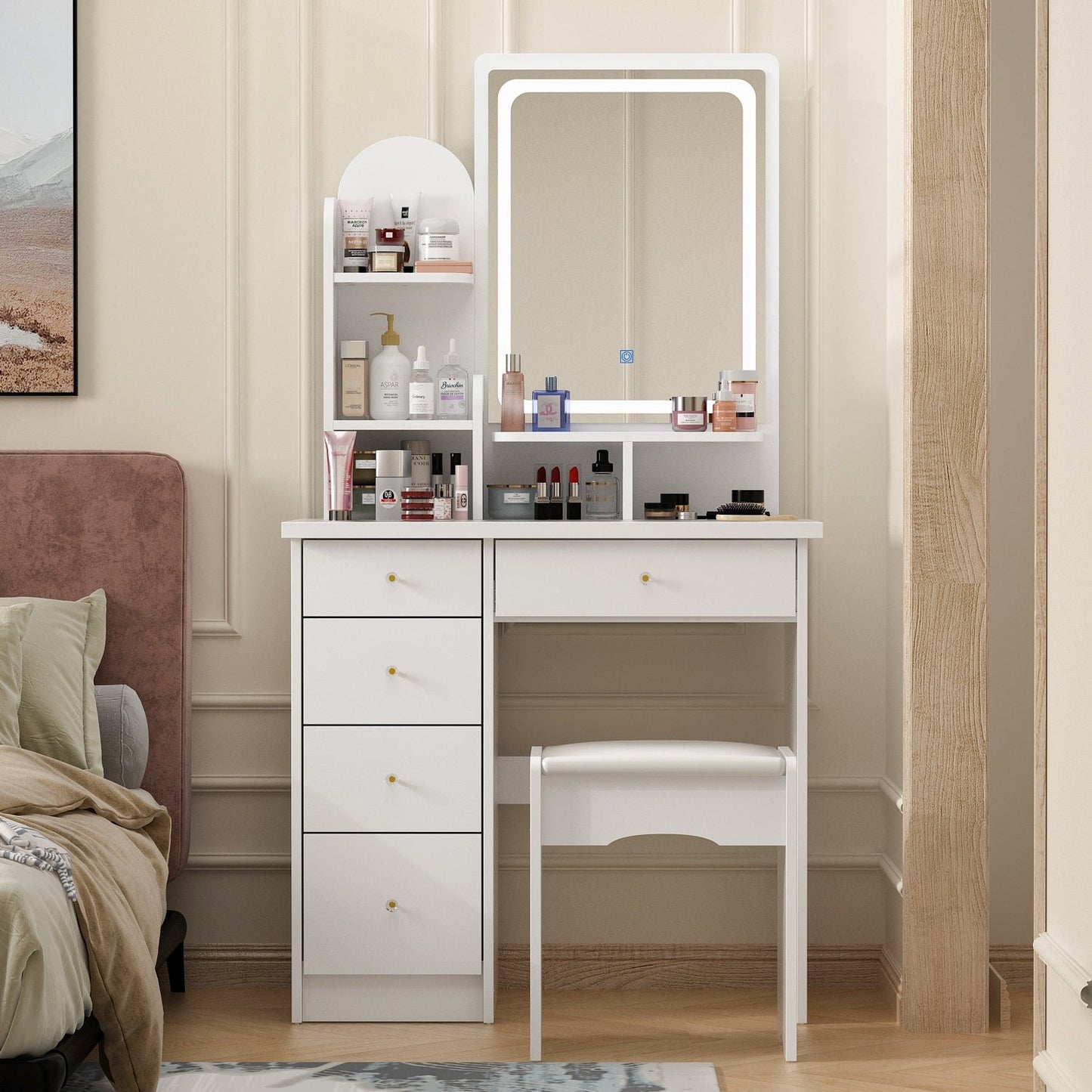 Coiffeuse avec miroir et lampe, table de maquillage avec tabouret pour la maison