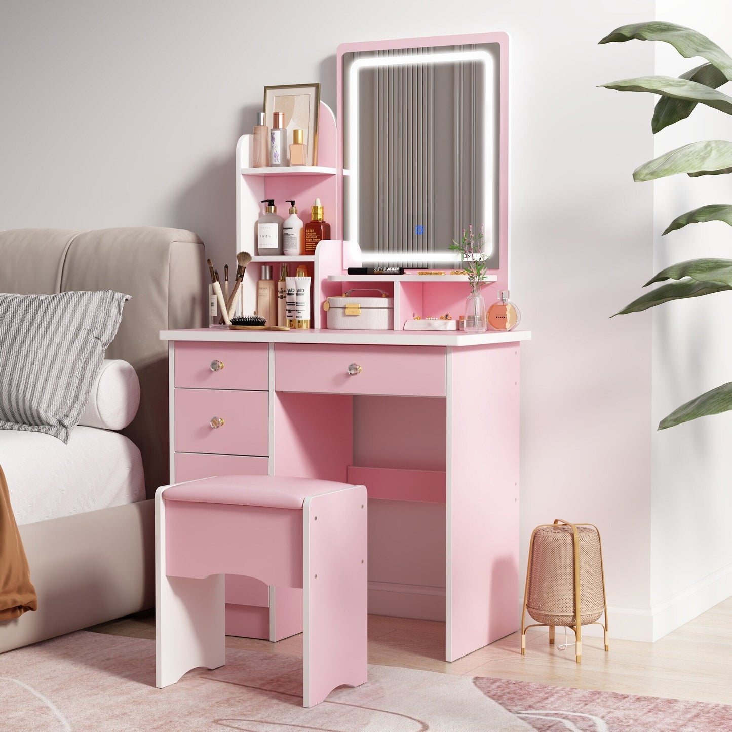 Coiffeuse avec miroir et lampe, table de maquillage avec tabouret pour la maison