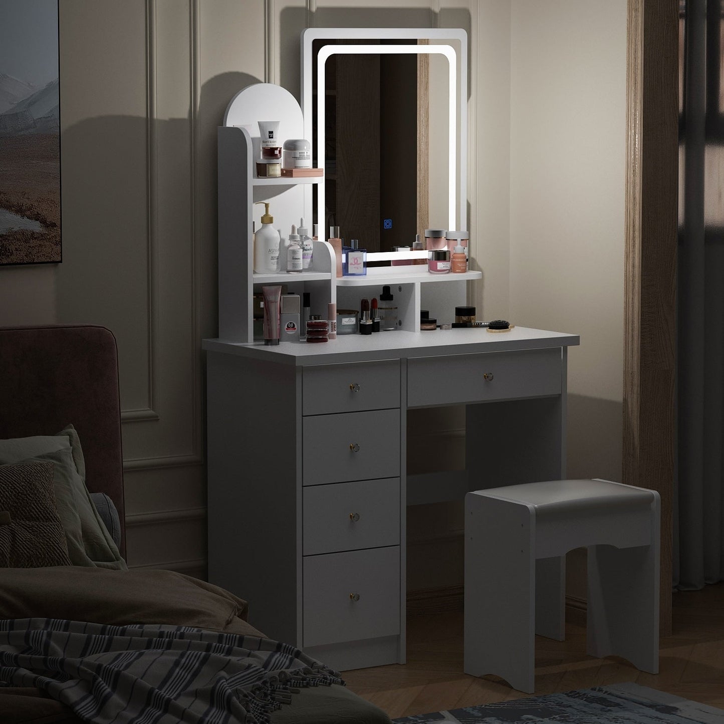 Coiffeuse avec miroir et lampe, table de maquillage avec tabouret pour la maison