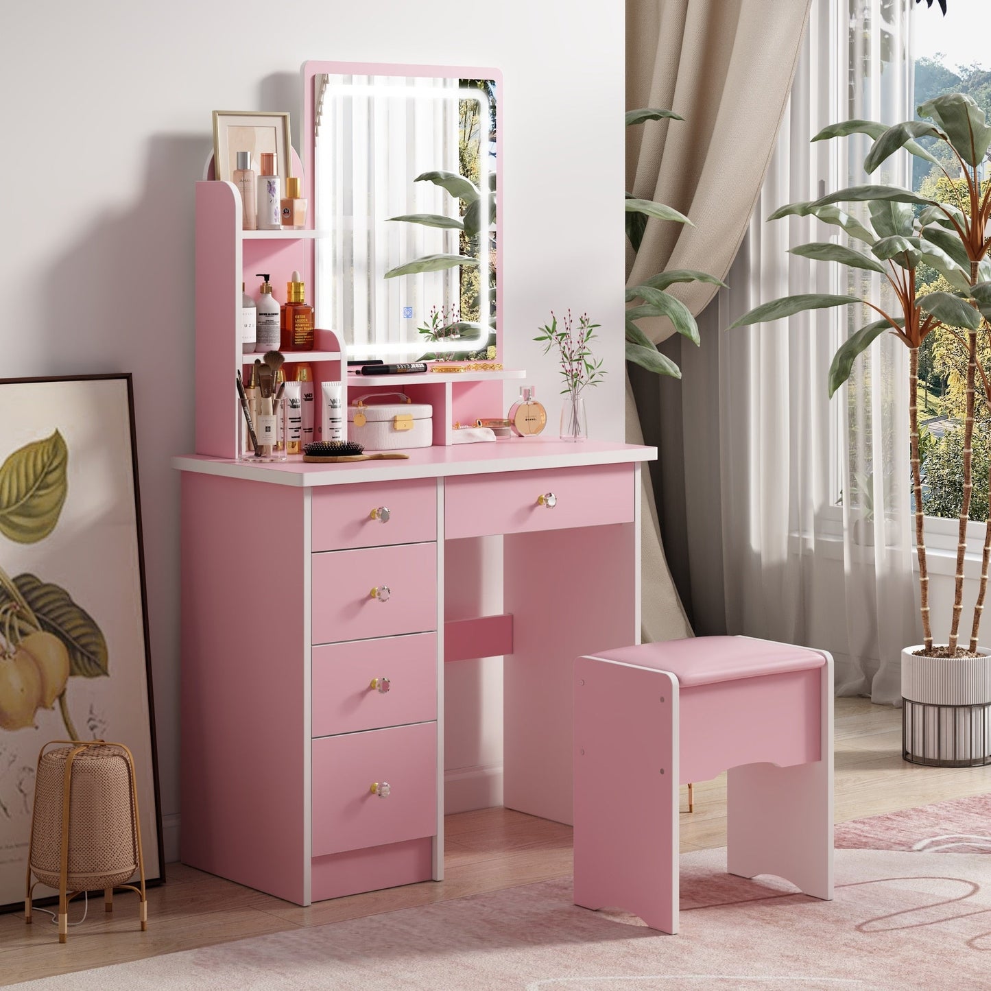 Coiffeuse avec miroir et lampe, table de maquillage avec tabouret pour la maison