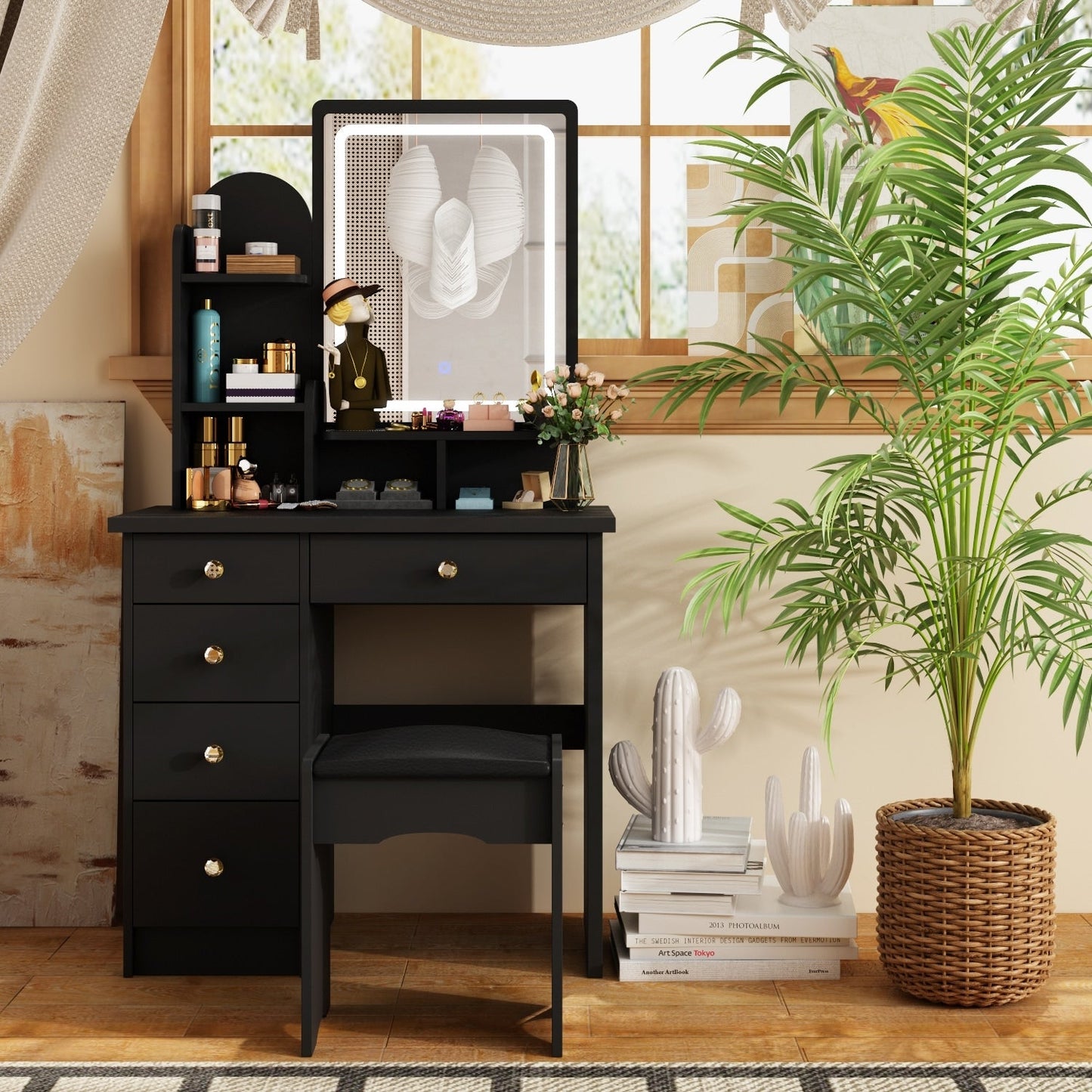 Coiffeuse avec miroir et lampe, table de maquillage avec tabouret pour la maison