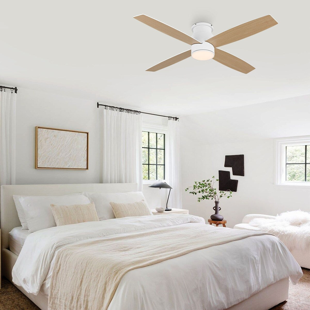 Ventilateur de plafond encastré WINGBO 44/52 pouces à courant continu avec éclairage et télécommande, 4 pales réversibles