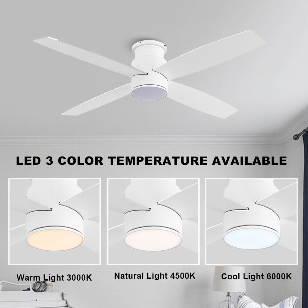Ventilateur de plafond encastré WINGBO 44/52 pouces à courant continu avec éclairage et télécommande, 4 pales réversibles