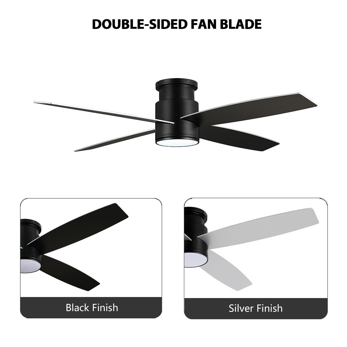 Ventilateur de plafond encastré WINGBO 44/52 pouces à courant continu avec éclairage et télécommande, 4 pales réversibles