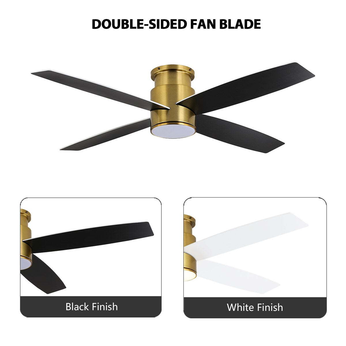 Ventilateur de plafond encastré WINGBO 44/52 pouces à courant continu avec éclairage et télécommande, 4 pales réversibles
