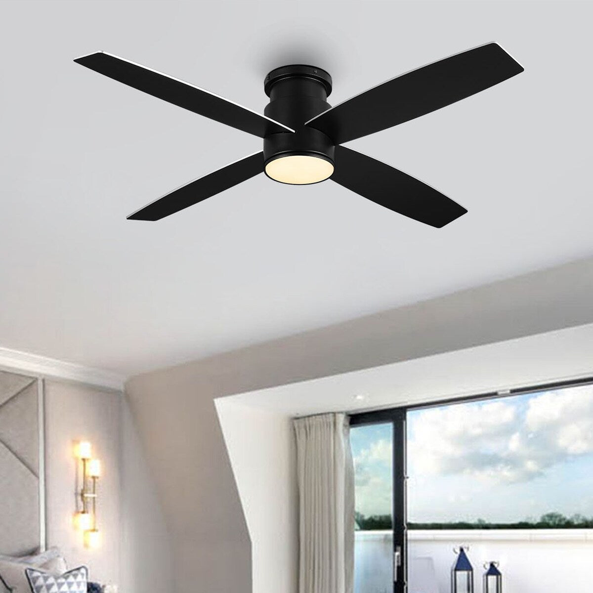 Ventilateur de plafond encastré WINGBO 44/52 pouces à courant continu avec éclairage et télécommande, 4 pales réversibles