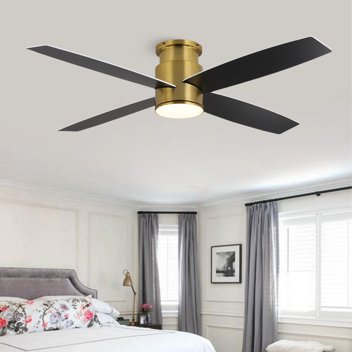 Ventilateur de plafond encastré WINGBO 44/52 pouces à courant continu avec éclairage et télécommande, 4 pales réversibles