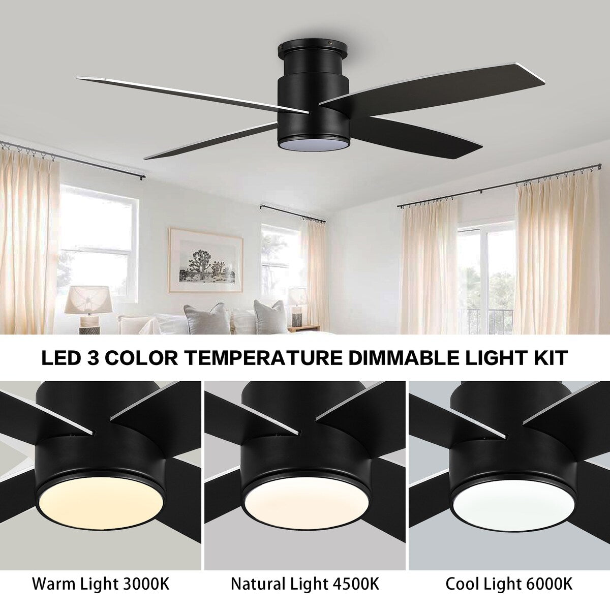 Ventilateur de plafond encastré WINGBO 44/52 pouces à courant continu avec éclairage et télécommande, 4 pales réversibles