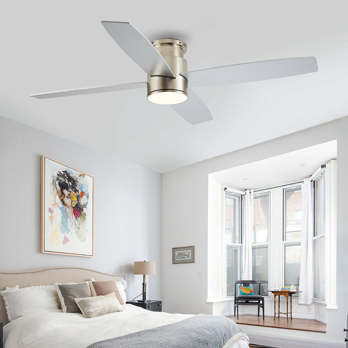 Ventilateur de plafond encastré WINGBO 44/52 pouces à courant continu avec éclairage et télécommande, 4 pales réversibles