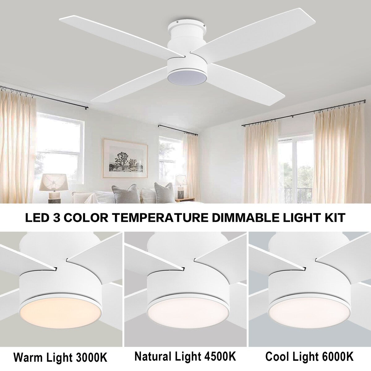 Ventilateur de plafond encastré WINGBO 44/52 pouces à courant continu avec éclairage et télécommande, 4 pales réversibles