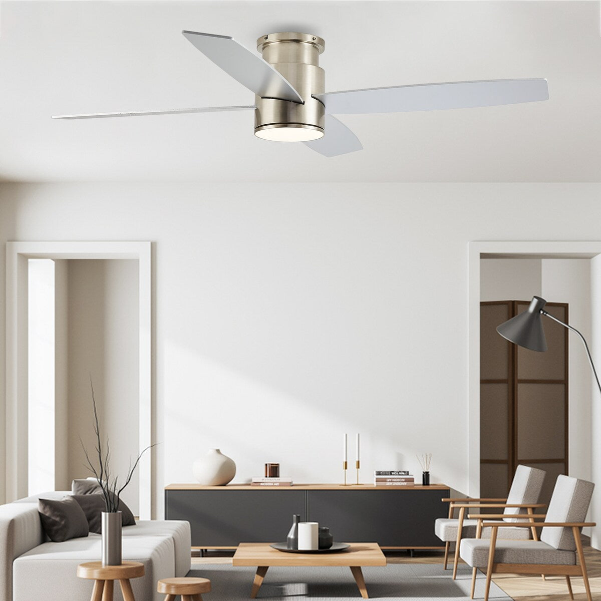 Ventilateur de plafond encastré WINGBO 44/52 pouces à courant continu avec éclairage et télécommande, 4 pales réversibles