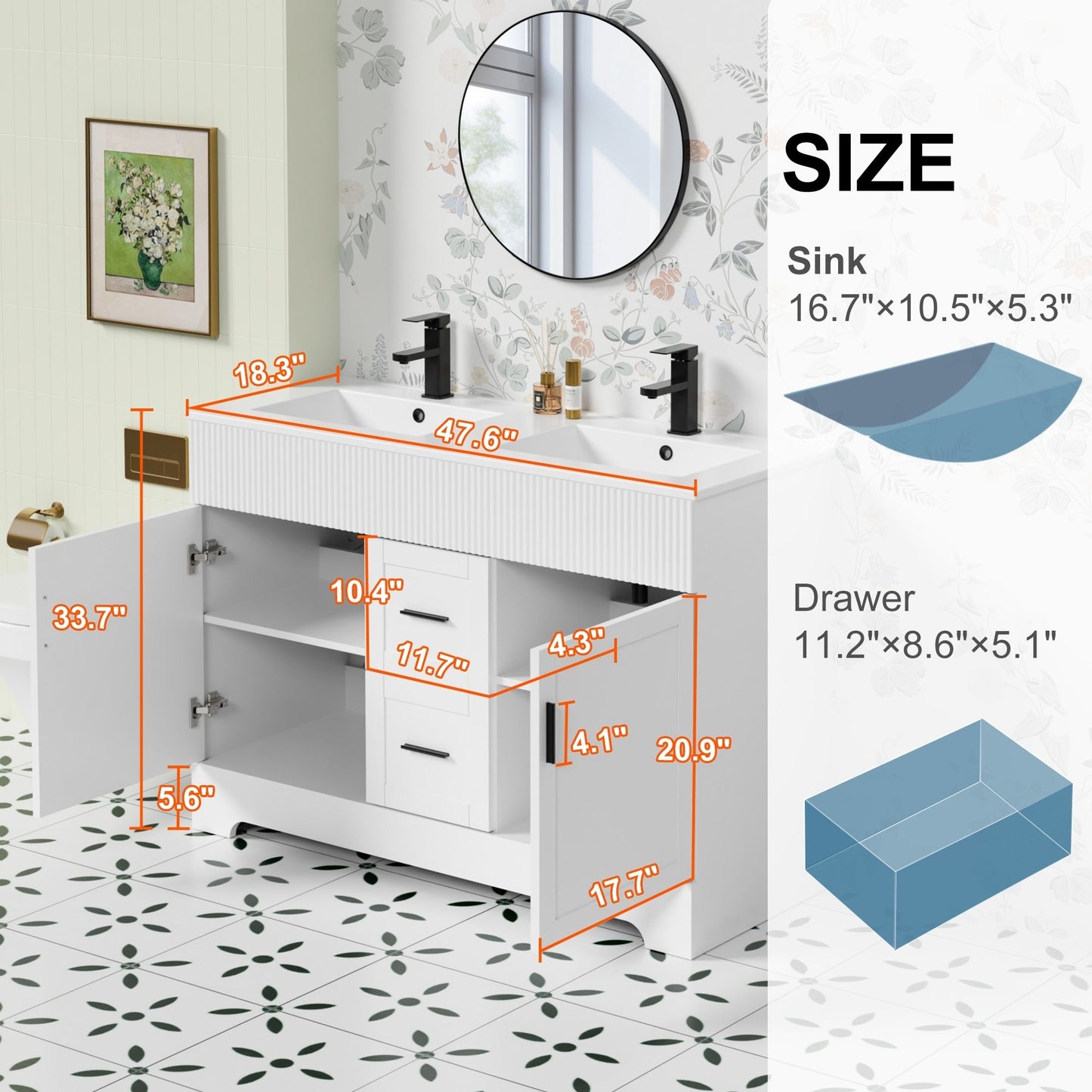 Ensemble de meuble-lavabo ondulé pour salle de bain, 30/36/48 pouces, avec lavabo et robinet.