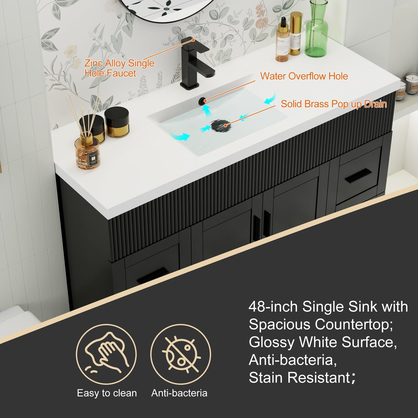 Ensemble de meuble-lavabo ondulé pour salle de bain, 30/36/48 pouces, avec lavabo et robinet.