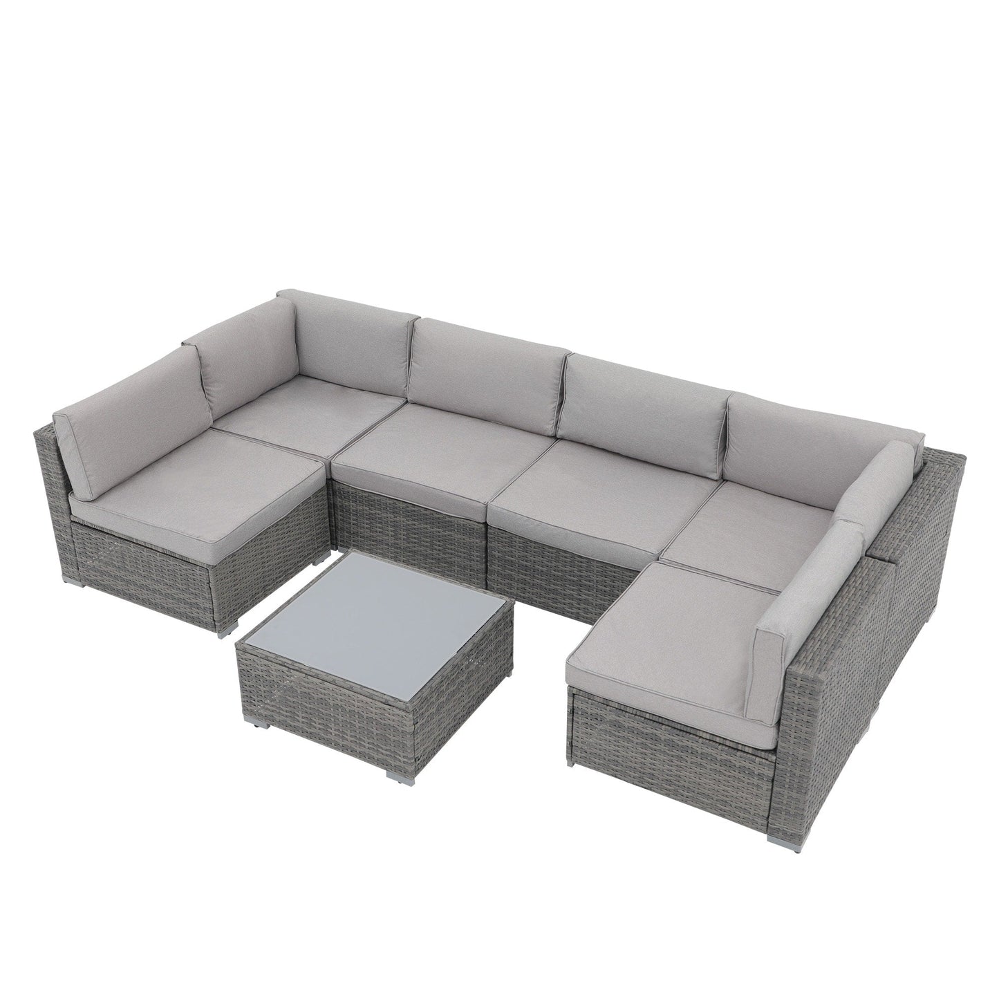 Ensemble de canapé d'extérieur modulable en osier et acier avec coussins, 7 pièces