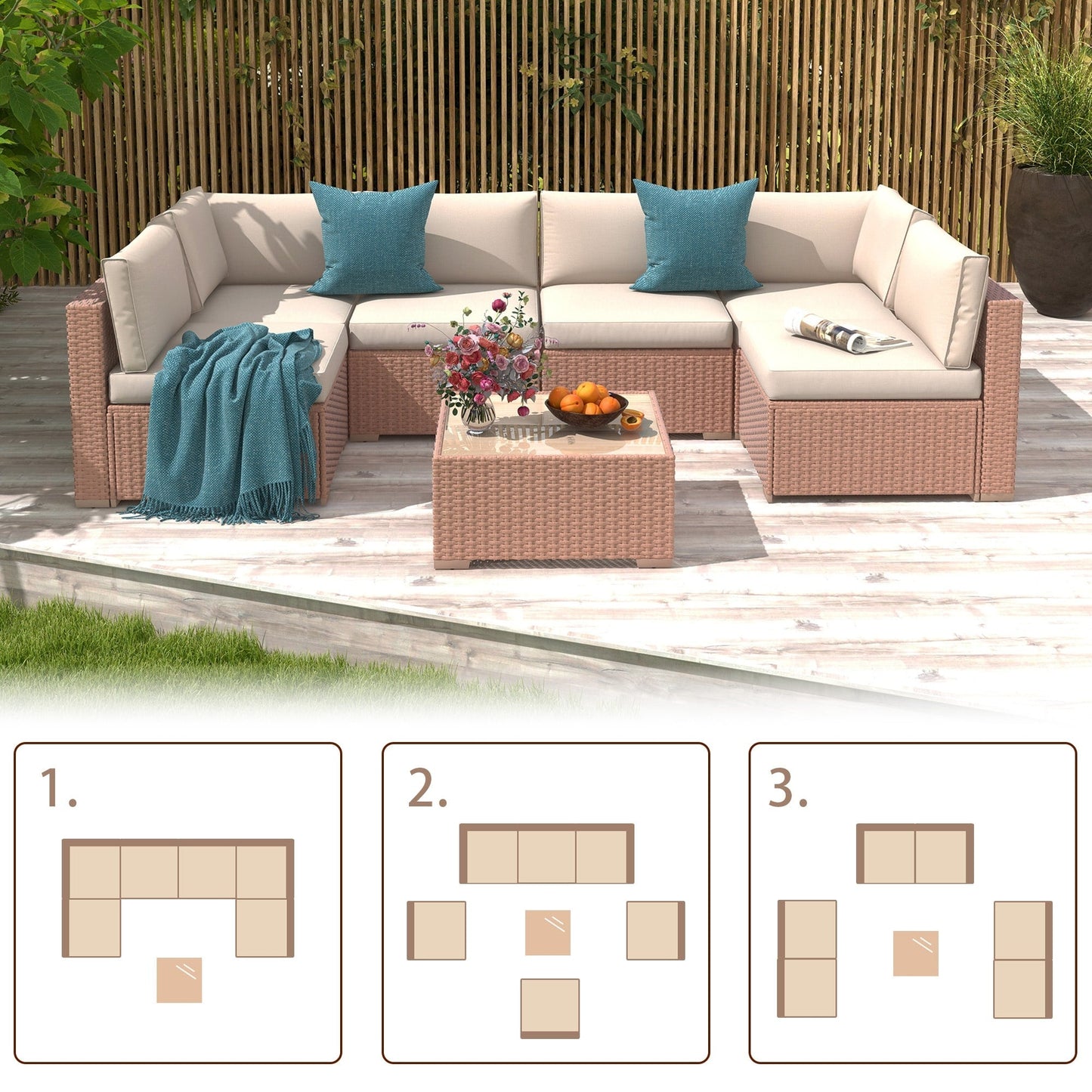Ensemble de canapé d'extérieur modulable en osier et acier avec coussins, 7 pièces