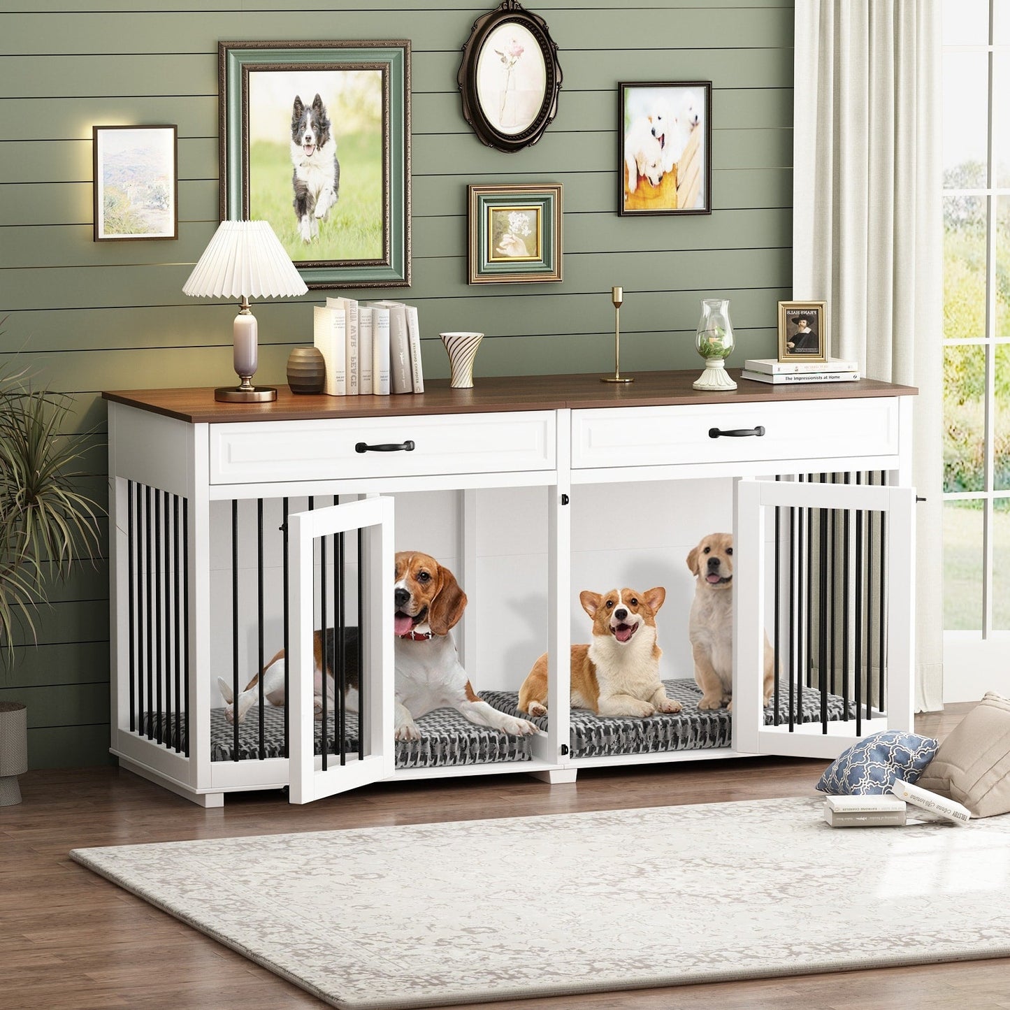 Meuble-kennel en bois pour chien double avec 2 tiroirs et séparateur