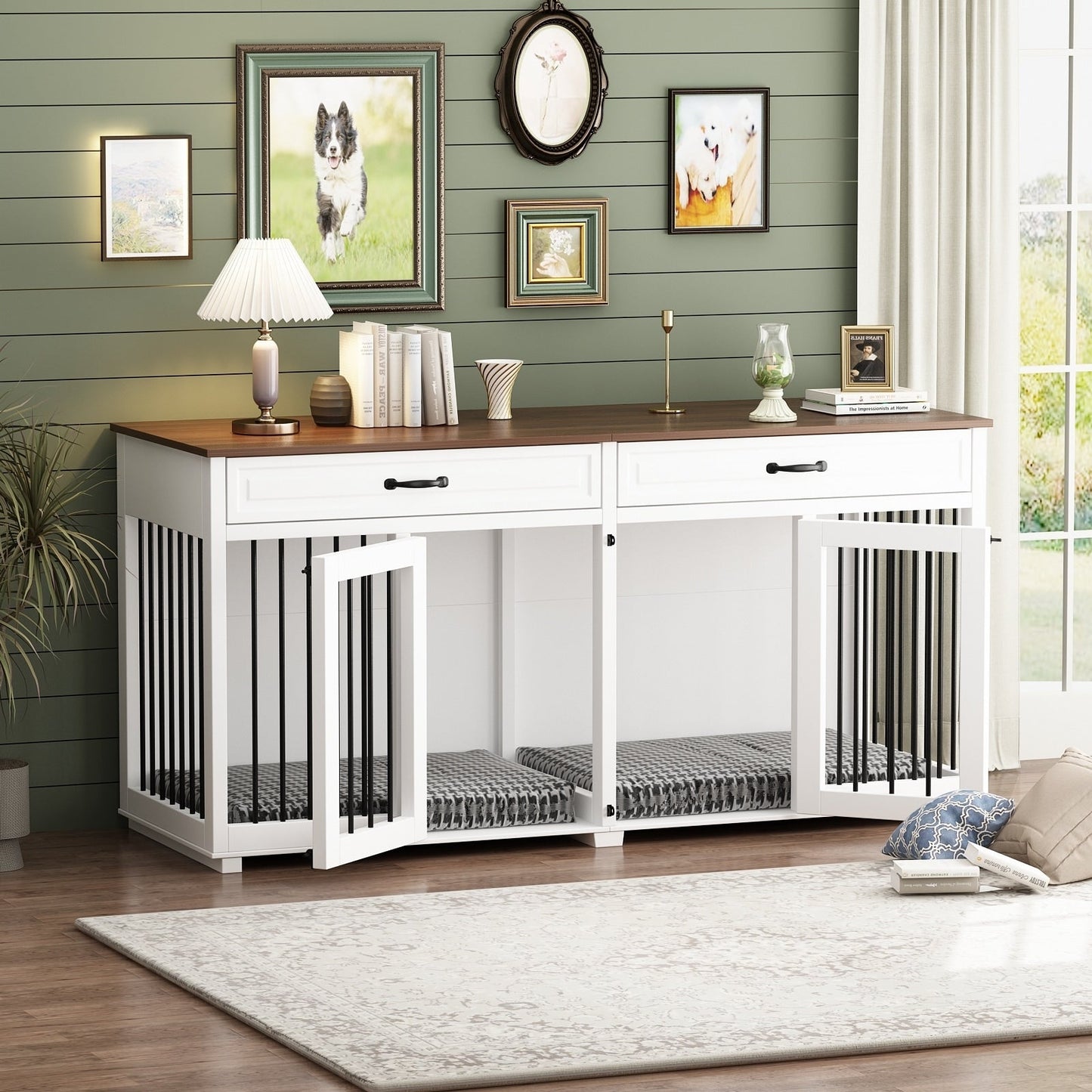Meuble-kennel en bois pour chien double avec 2 tiroirs et séparateur