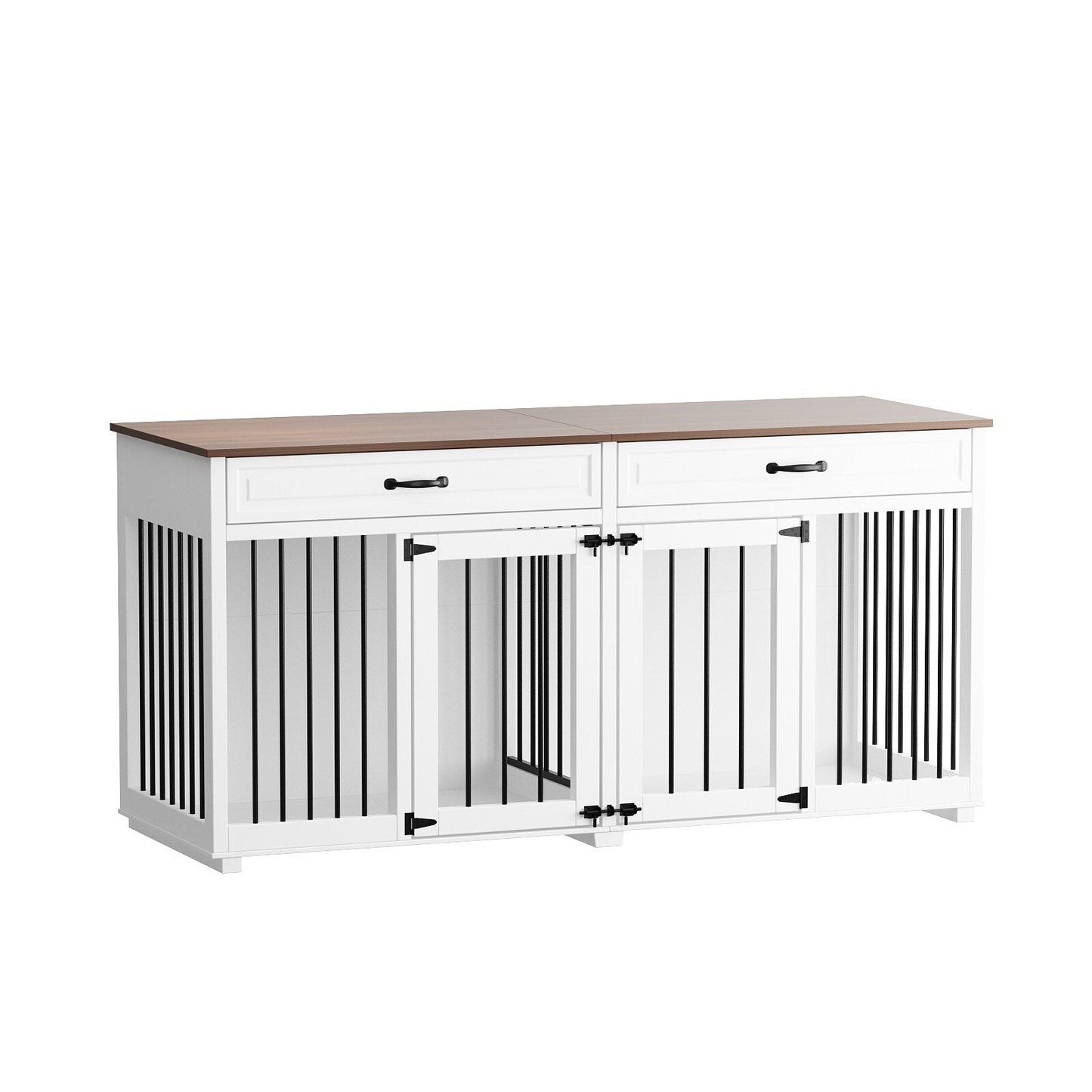 Meuble-kennel en bois pour chien double avec 2 tiroirs et séparateur