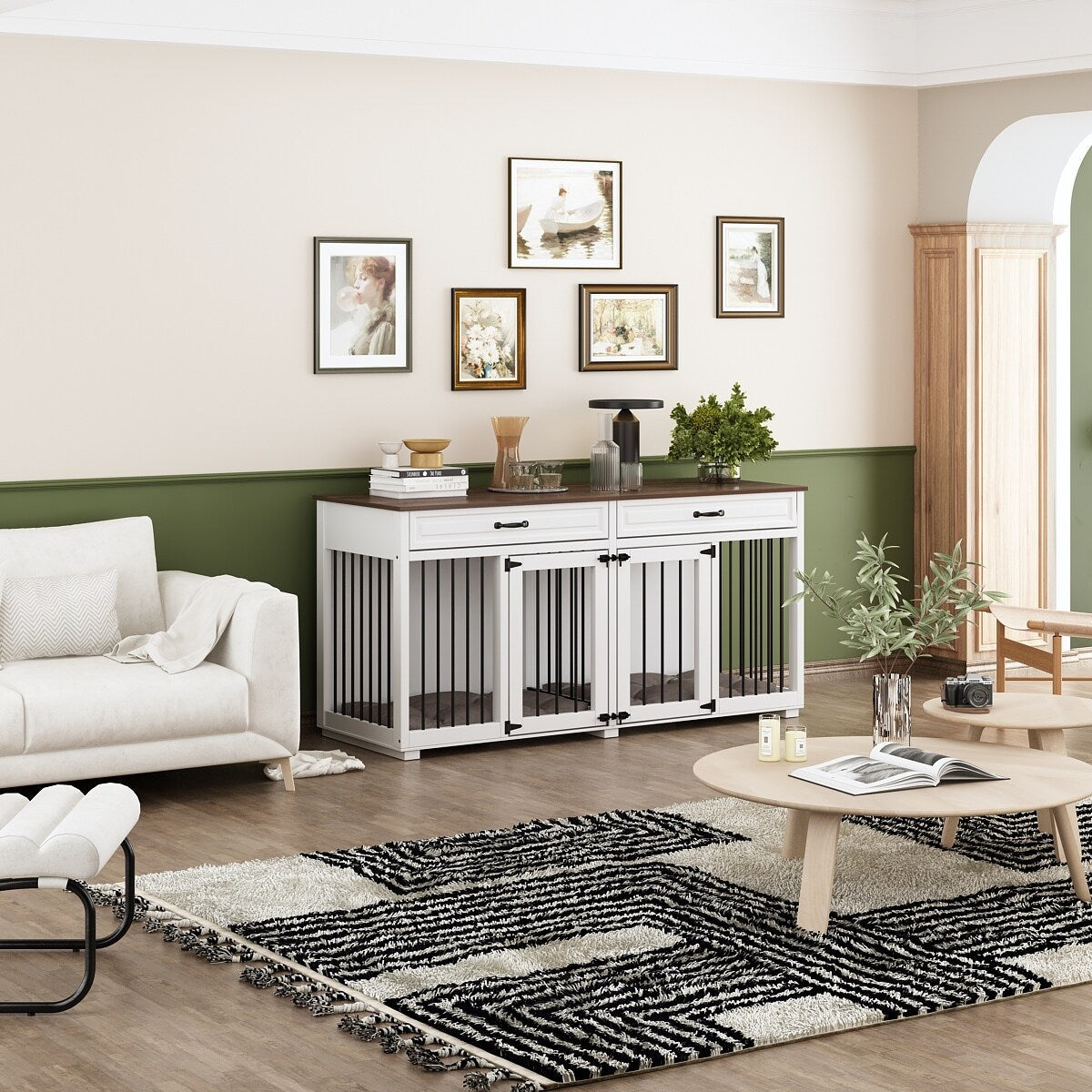 Meuble-kennel en bois pour chien double avec 2 tiroirs et séparateur