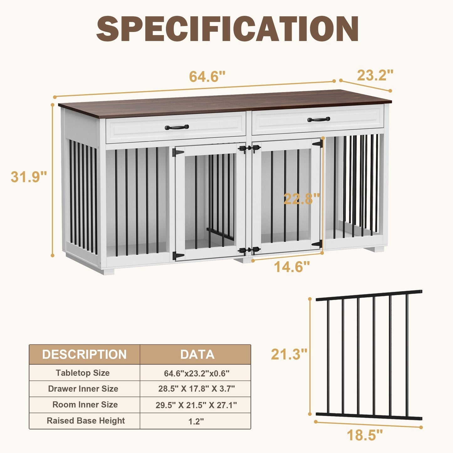 Meuble-kennel en bois pour chien double avec 2 tiroirs et séparateur
