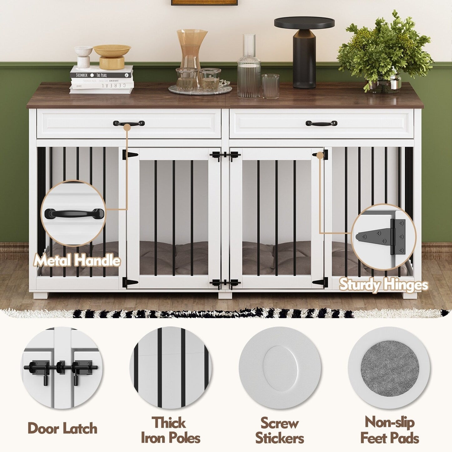 Meuble-kennel en bois pour chien double avec 2 tiroirs et séparateur
