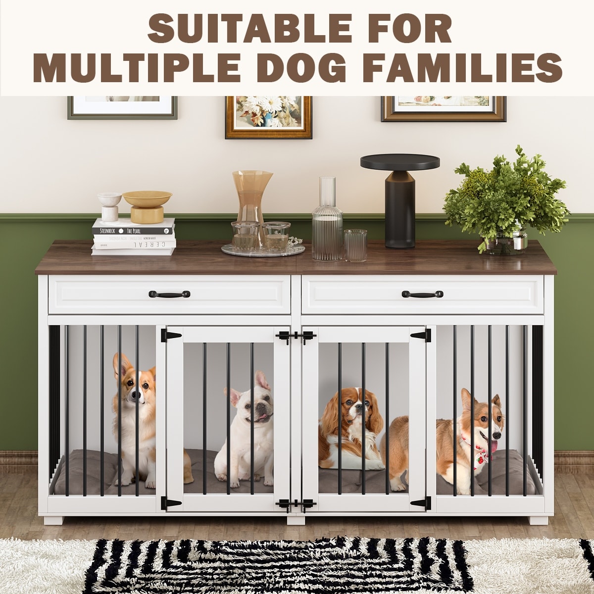 Meuble-kennel en bois pour chien double avec 2 tiroirs et séparateur