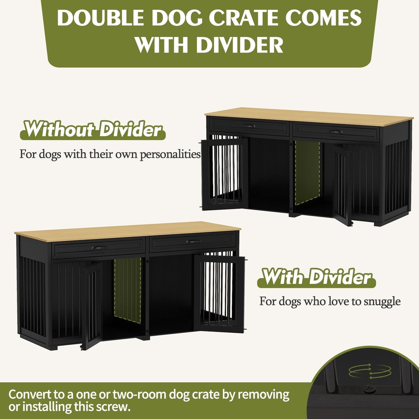 Meuble-kennel en bois pour chien double avec 2 tiroirs et séparateur