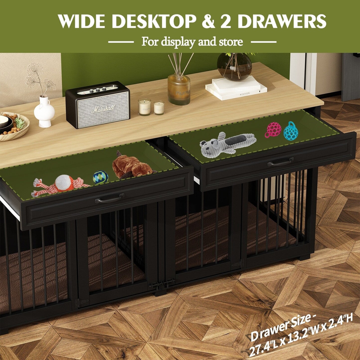 Meuble-kennel en bois pour chien double avec 2 tiroirs et séparateur