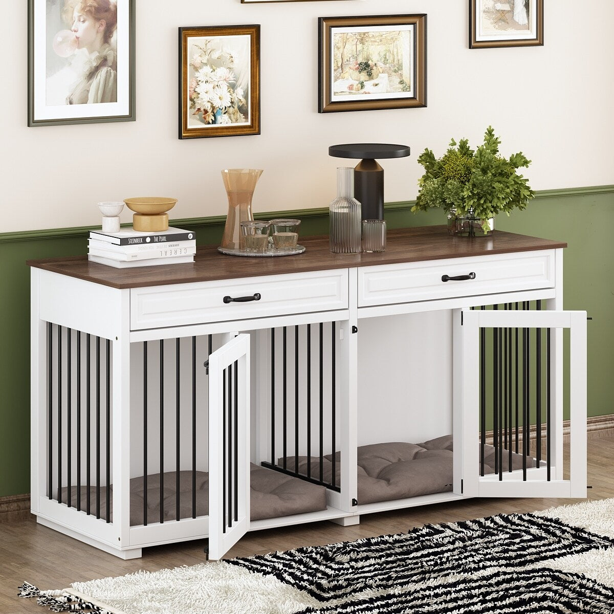 Meuble-kennel en bois pour chien double avec 2 tiroirs et séparateur