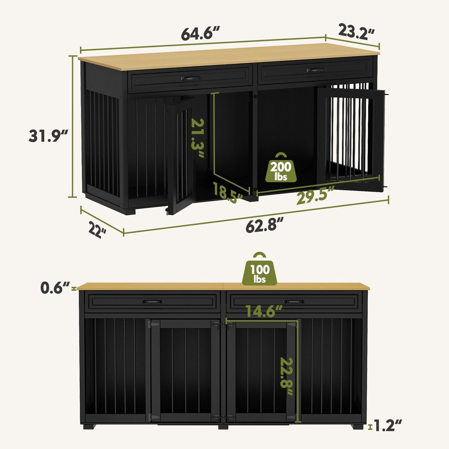 Meuble-kennel en bois pour chien double avec 2 tiroirs et séparateur