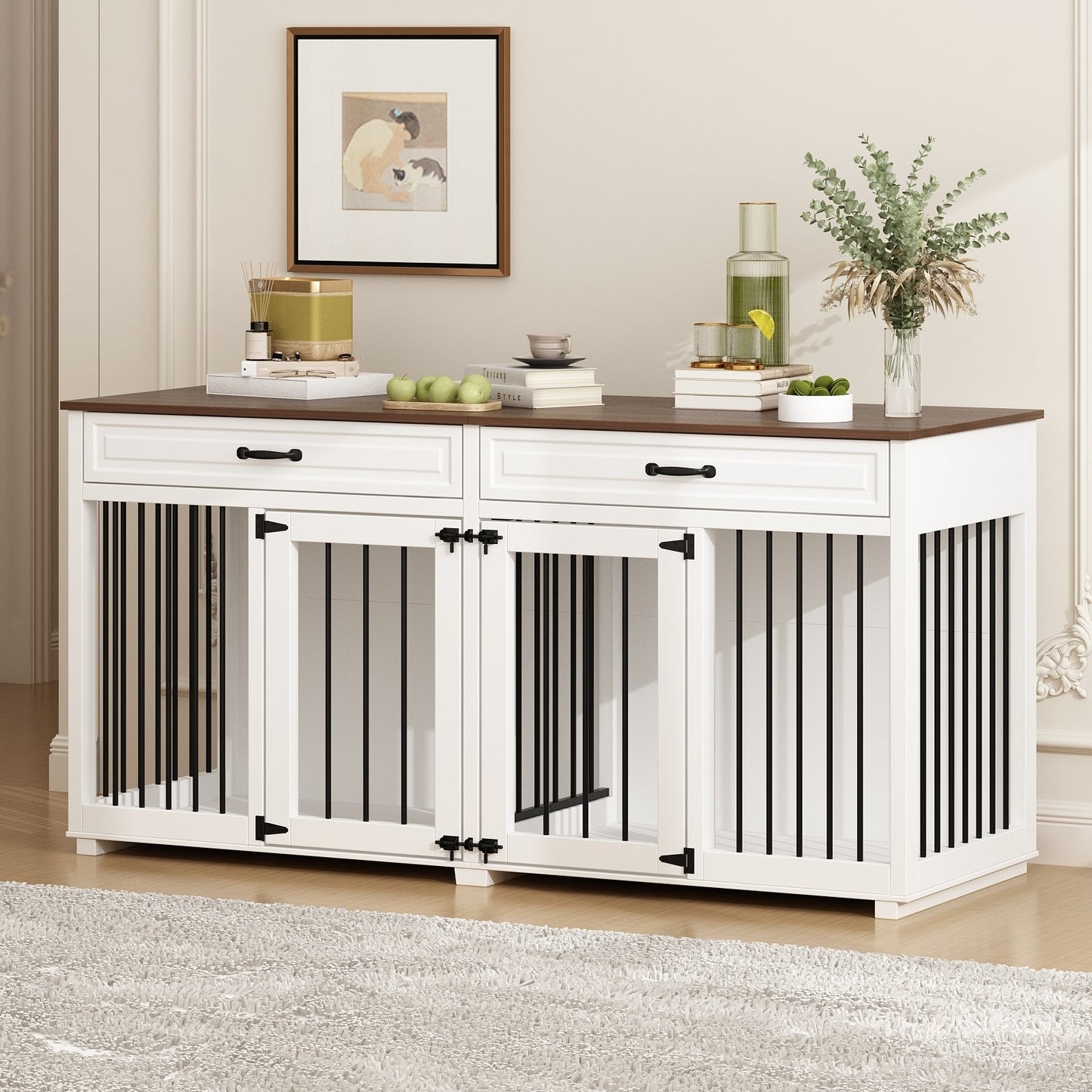 Meuble-kennel en bois pour chien double avec 2 tiroirs et séparateur