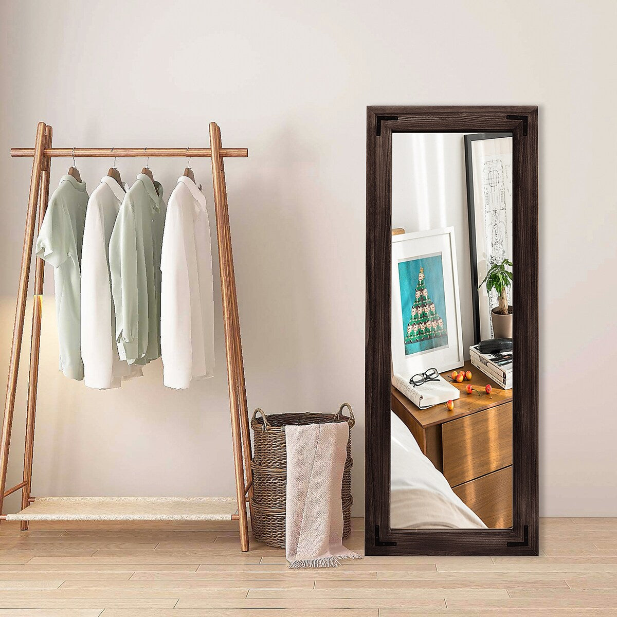 Grand miroir mural en bois à cadre rustique style farmhouse - 65x24