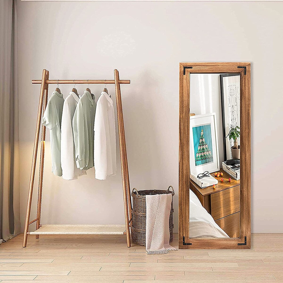 Grand miroir mural en bois à cadre rustique style farmhouse - 65x24