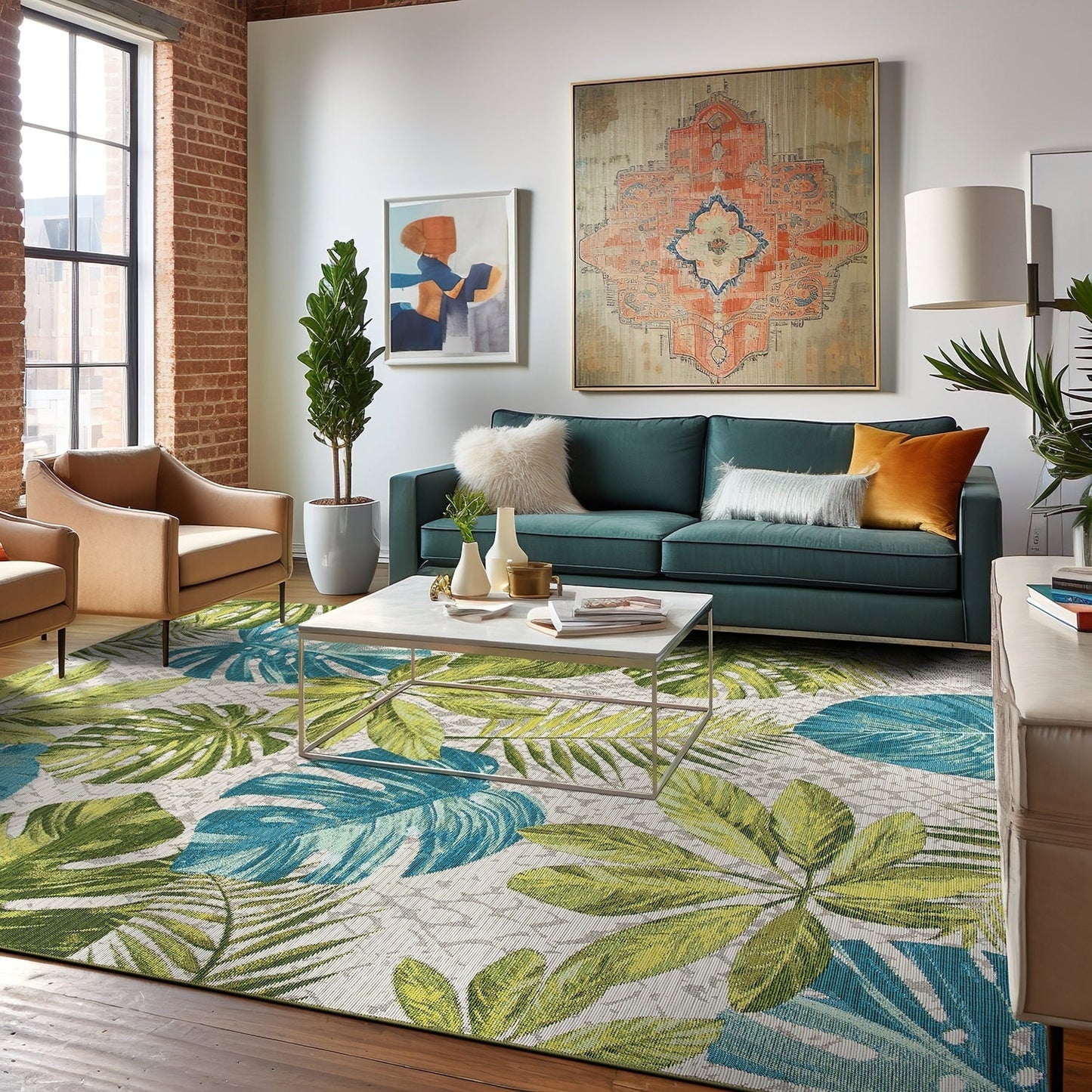 Tapis de sol contemporain à motifs floraux tropicaux pour intérieur/extérieur de World Rug Gallery