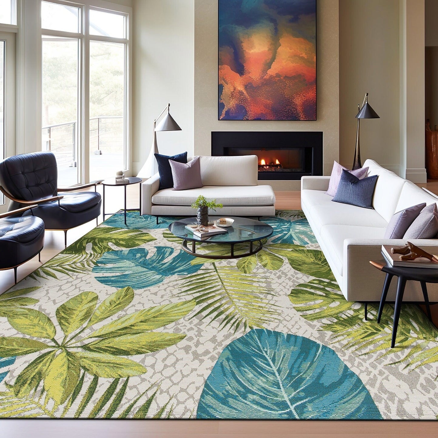 Tapis de sol contemporain à motifs floraux tropicaux pour intérieur/extérieur de World Rug Gallery