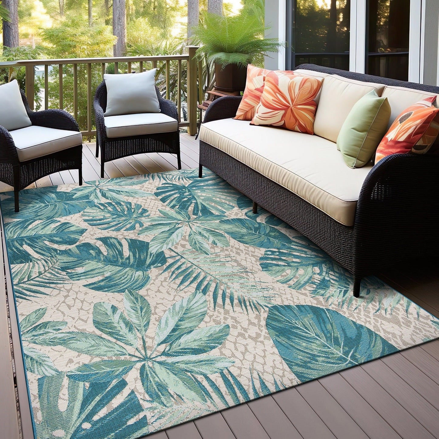 Tapis de sol contemporain à motifs floraux tropicaux pour intérieur/extérieur de World Rug Gallery