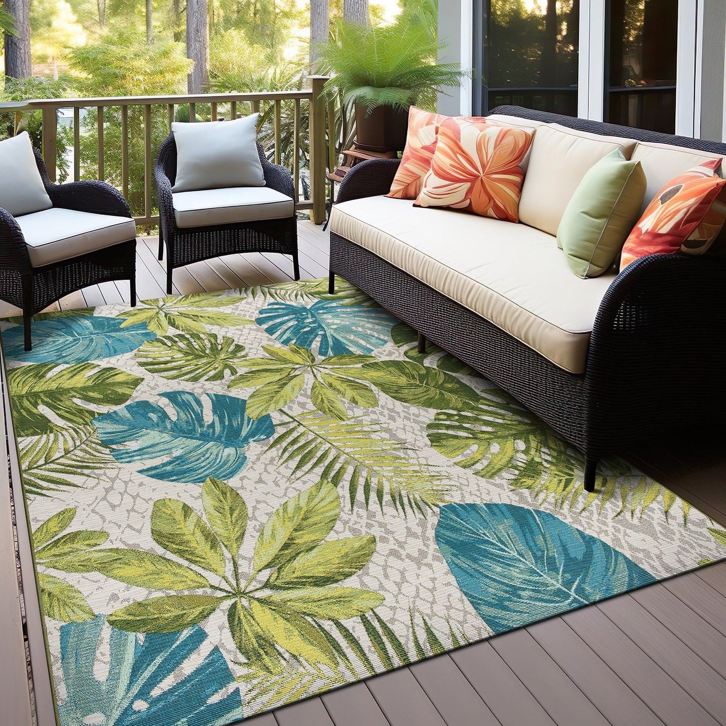 Tapis de sol contemporain à motifs floraux tropicaux pour intérieur/extérieur de World Rug Gallery