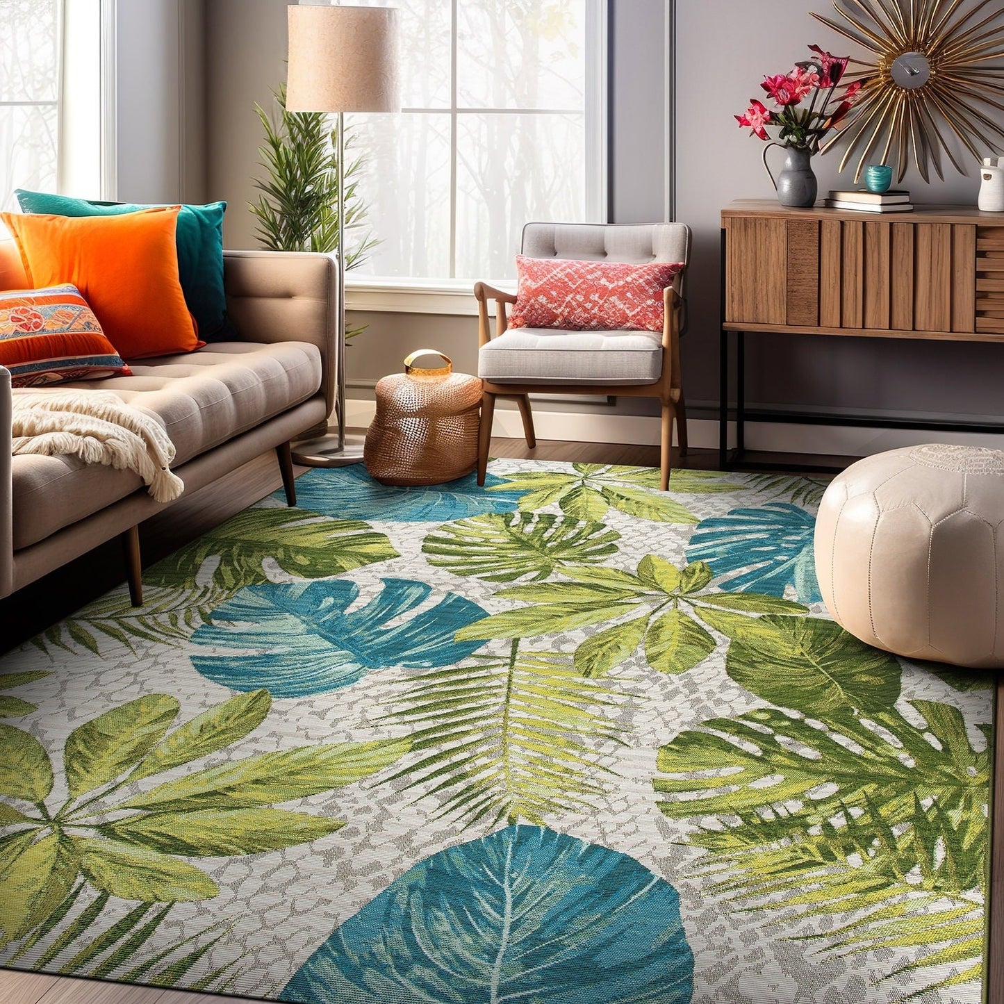 Tapis de sol contemporain à motifs floraux tropicaux pour intérieur/extérieur de World Rug Gallery