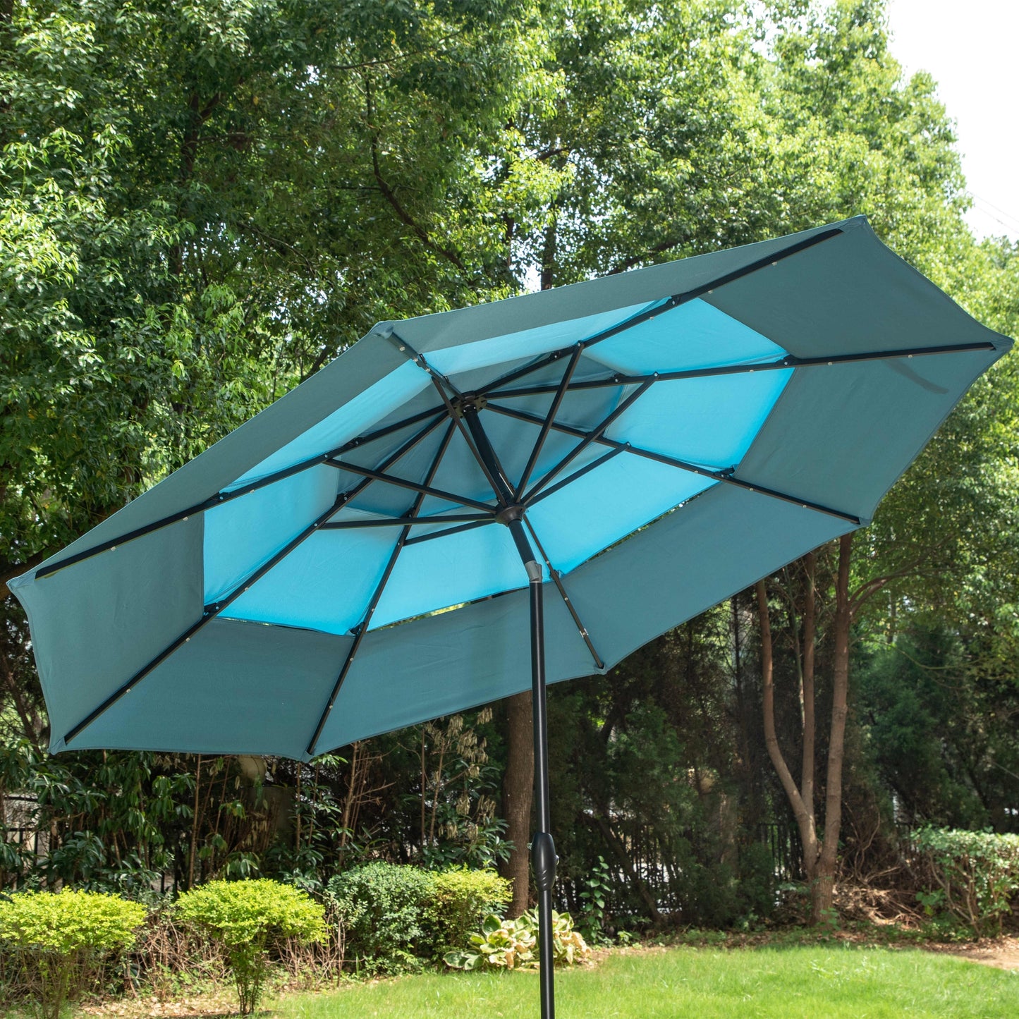 MAISON ARTS Parasol de terrasse extérieur à 3 niveaux, inclinable automatiquement, de 3 mètres, à double ventilation, avec lumières LED.