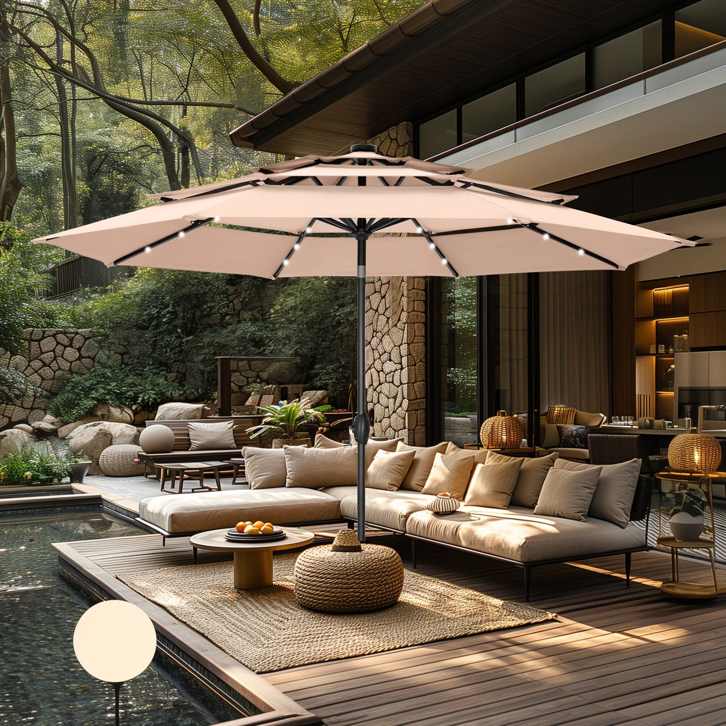 MAISON ARTS Parasol de terrasse extérieur à 3 niveaux, inclinable automatiquement, de 3 mètres, à double ventilation, avec lumières LED.