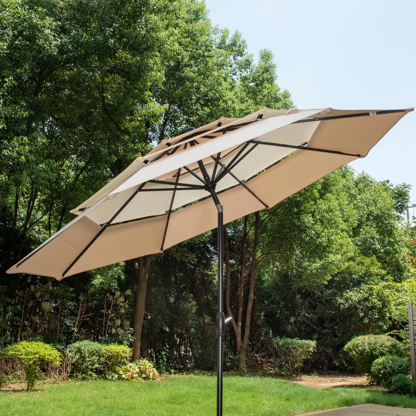 MAISON ARTS Parasol de terrasse extérieur à 3 niveaux, inclinable automatiquement, de 3 mètres, à double ventilation, avec lumières LED.
