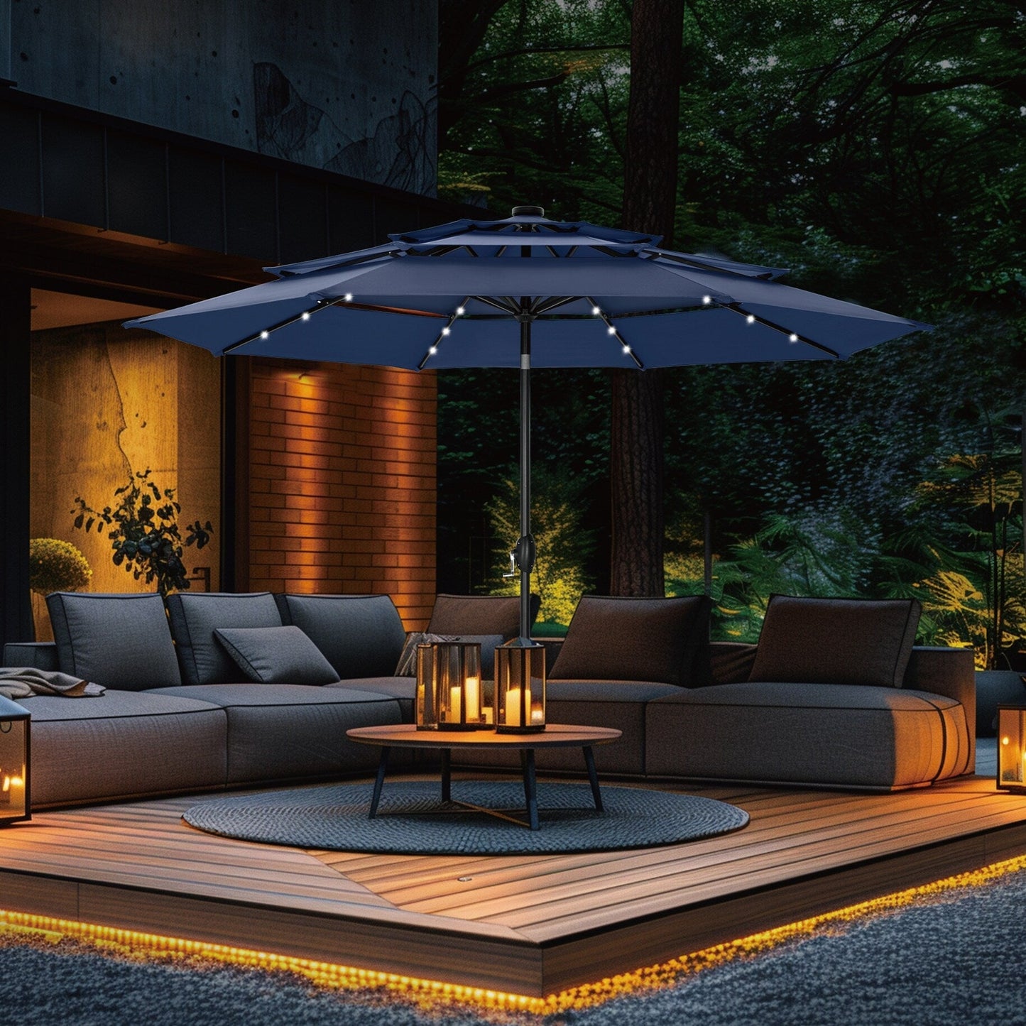 MAISON ARTS Parasol de terrasse extérieur à 3 niveaux, inclinable automatiquement, de 3 mètres, à double ventilation, avec lumières LED.