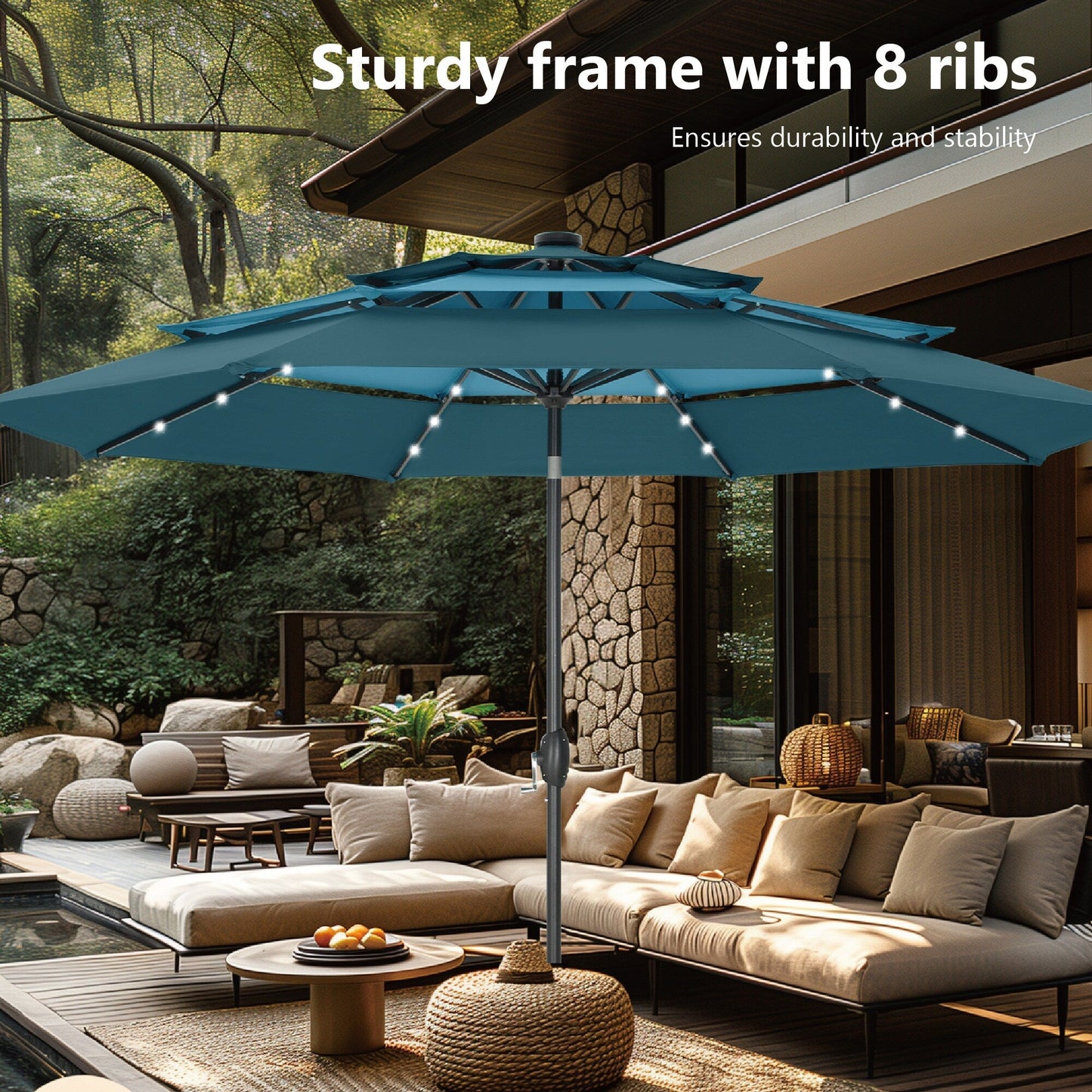 MAISON ARTS Parasol de terrasse extérieur à 3 niveaux, inclinable automatiquement, de 3 mètres, à double ventilation, avec lumières LED.