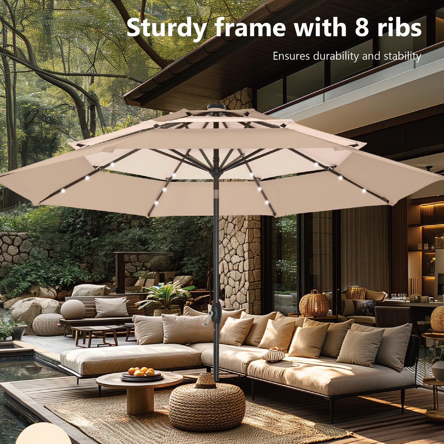 MAISON ARTS Parasol de terrasse extérieur à 3 niveaux, inclinable automatiquement, de 3 mètres, à double ventilation, avec lumières LED.