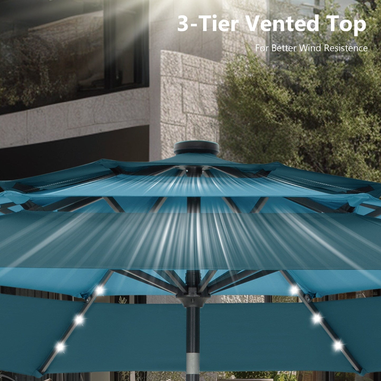 MAISON ARTS Parasol de terrasse extérieur à 3 niveaux, inclinable automatiquement, de 3 mètres, à double ventilation, avec lumières LED.