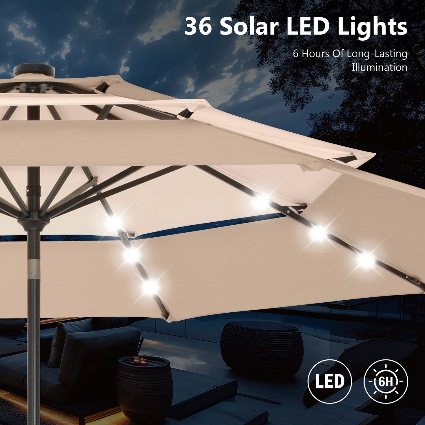 MAISON ARTS Parasol de terrasse extérieur à 3 niveaux, inclinable automatiquement, de 3 mètres, à double ventilation, avec lumières LED.